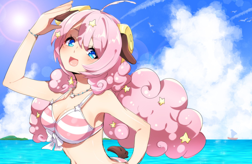 1girl, ahoge, animal_ears, bikini, blue_eyes, blush, bow, bracelet, coalow, curly_hair, highres, jewelry, long_hair, looking_at_viewer, moa_(show_by_rock!!), necklace, open_mouth, pink_hair, show_by_rock!!, smile, solo, striped, striped_bikini, striped_swimsuit, swimsuit, tall