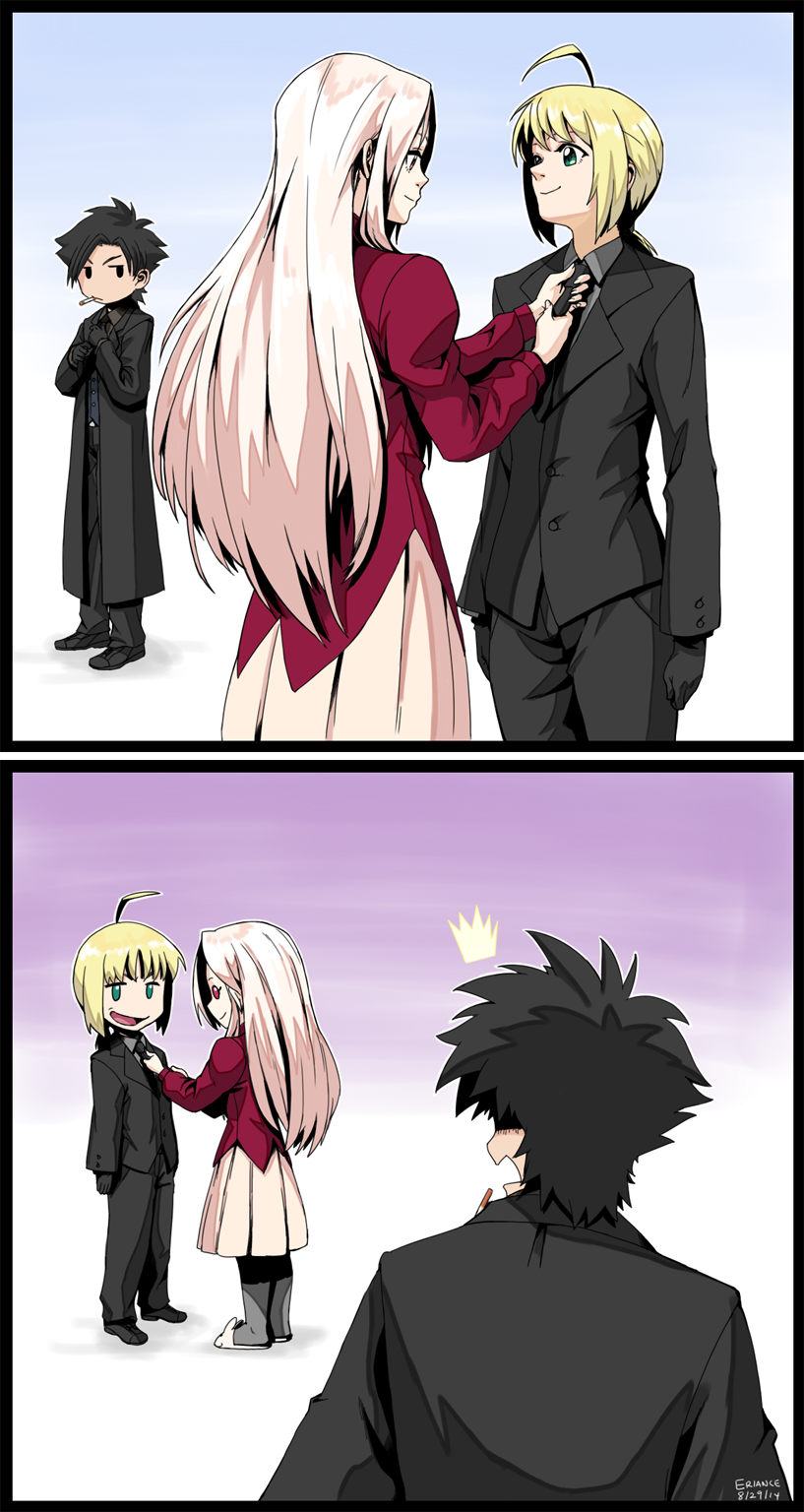 2girls, adjusting_clothes, adjusting_tie, ahoge, black_hair, blonde_hair, emiya_kiritsugu, eriance