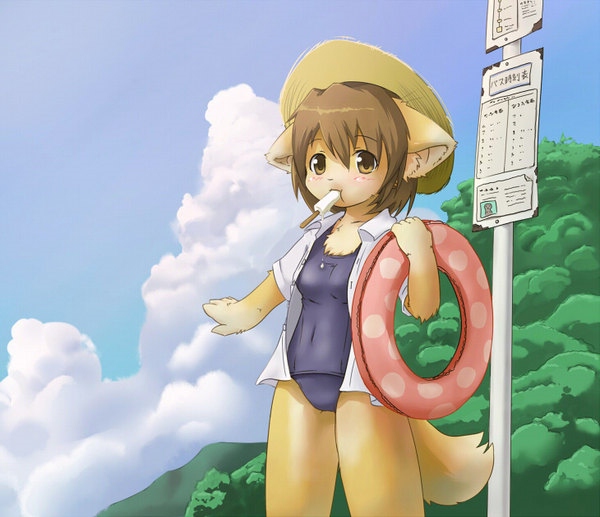 animal_ears, bus_stop, clouds, dog_ears, dog_tail, furry, hat, innertube