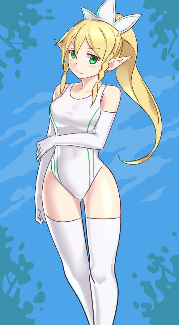 1girl, blonde_hair, blush, braid, elbow_gloves, gloves, green_eyes, kugata1, leafa, long_hair, pointy_ears, ponytail, standing, swimsuit, sword_art_online, thighhighs, twin_braids