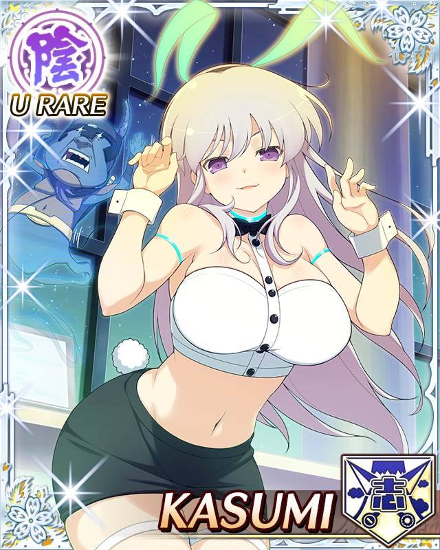 1girl, animal_costume, animal_ears, bow, breasts, bunny_costume, bunny_girl, bunny_hair_ornament, bunny_tail, character_name, cleavage, cuff_links, cuffs, emblem, familiar, hair_ornament, horns, kasumi_(senran_kagura), large_breasts, long_hair, midriff, miniskirt, navel, official_art, open_hands, open_mouth, pursed_lips, rabbit_ears, senran_kagura, senran_kagura_(series), senran_kagura_new_wave, skirt, sleeveless, solo, tail, thigh-highs, violet_eyes, white_hair, window, wrist_cuffs, yaegashi_nan