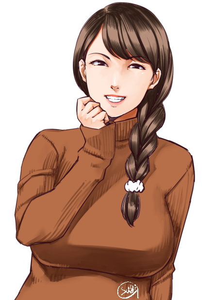 1girl, braid, breasts, brown_eyes, brown_hair, bust, ganto, grin