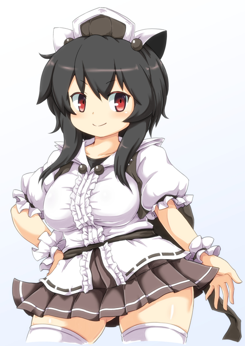 >:), 1girl, animal_ears, black_hair, blouse, breasts, cat_ears, collarbone, collared_shirt, curvy, frilled_shirt_collar, hair_bobbles, hair_ornament, hand_on_hip, headpiece, highres, huyusilver, large_breasts, miniskirt, mrs._estacion, mrs._estacion_(game), pleated_skirt, red_eyes, sash, skirt, smile, solo, thigh-highs, undershirt, white_legwear, wide_hips, wrist_cuffs