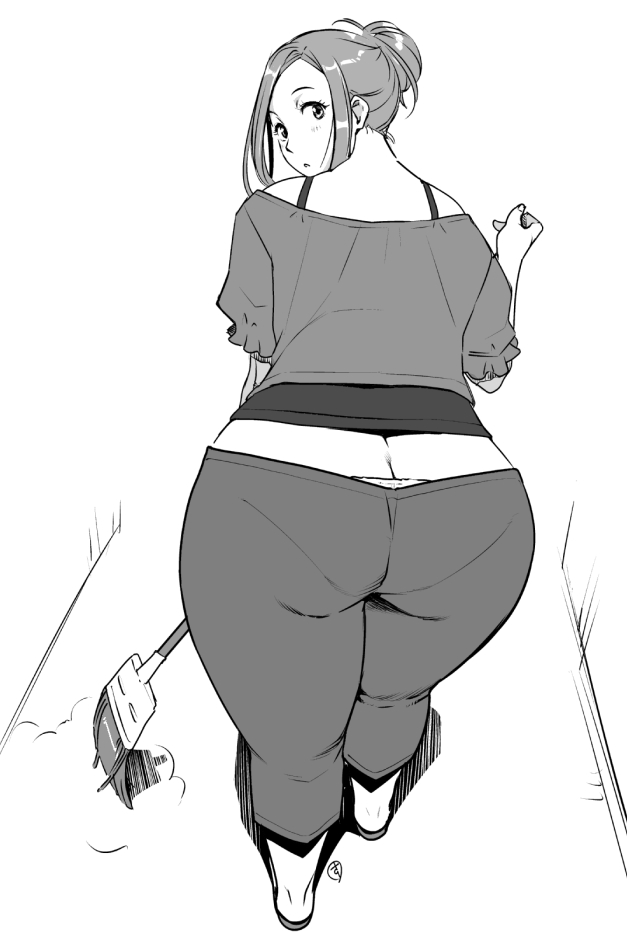 1girl, ass, bent_over, butt_crack, downpants, ganto, hair_bun, looking_at_viewer