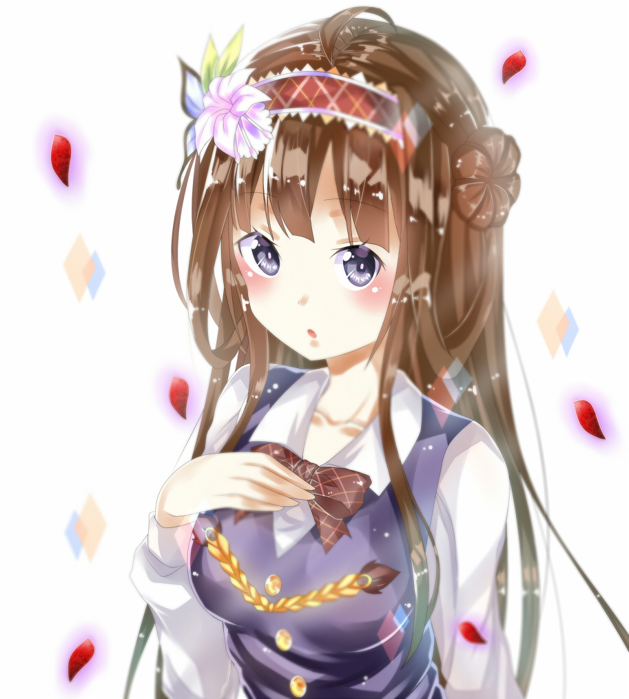 1girl, :0, ahoge, bow, brown_hair, flower, grey_eyes, headdress, kantai_collection, kongou_(kantai_collection), long_hair, looking_at_viewer, one_eye_closed, priyaphr, solo, uniform