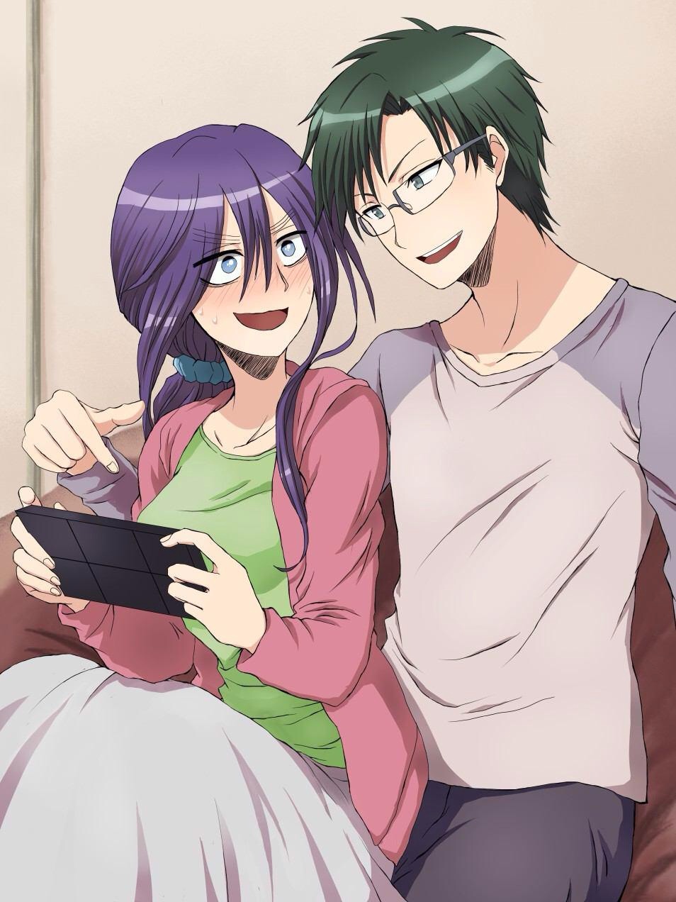 1boy, 1girl, black_hair, blush, fujimoto_kazuomi, glasses, highres, long_hair, morioka_moriko, netojuu_no_susume, purple_hair, short_hair, yuuki_(animelove0411)