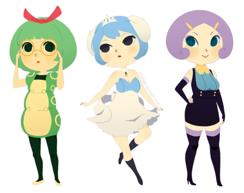 3girls, :>, bare_shoulders, blue_hair, caterpie, commentary, dress, glasses