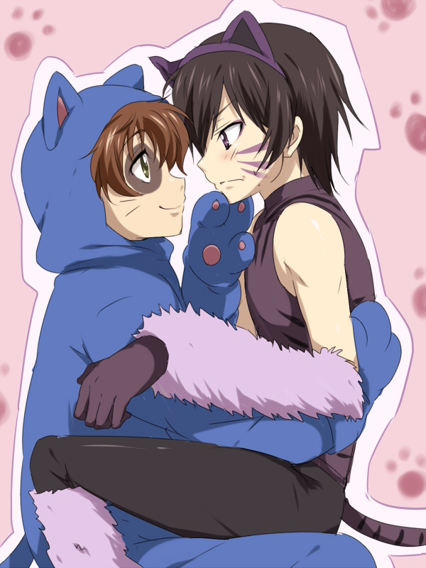 2boys, animal_costume, animal_ears, bad_id, black_hair, brown_hair, cat_costume, cat_ears