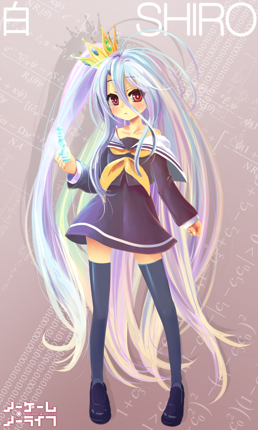 1girl, blue_hair, blush, character_name, chess_piece, copyright_name, crown, expressionless, flat_chest, highres, long_hair, long_sleeves, looking_at_viewer, math, messy_hair, multicolored_hair, no_game_no_life, oversized_clothes, petite, purdoy25, red_eyes, school_uniform, serafuku, shiro_(no_game_no_life), silver_hair, solo, thighhighs, very_long_hair