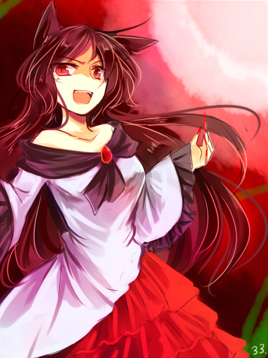 >:d, 1girl, :d, animal_ears, brown_hair, dress, fingernails, imaizumi_kagerou