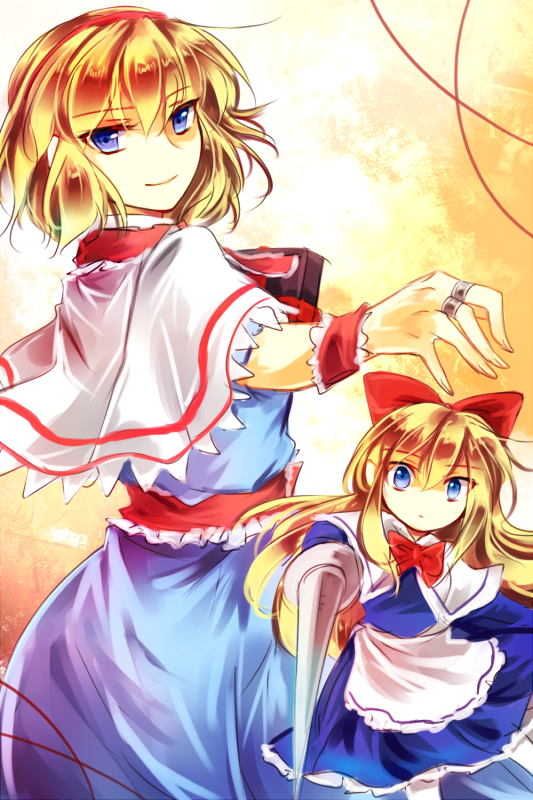 1girl, alice_margatroid, blonde_hair, blue_eyes, bow, capelet, doll, dress