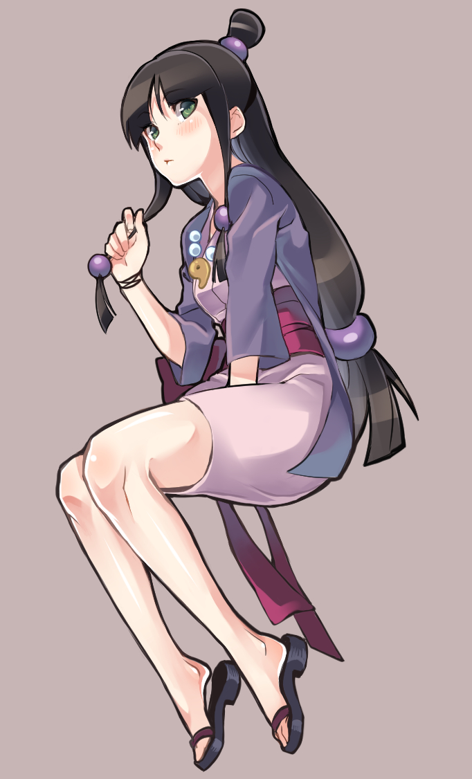 1girl, ayasato_mayoi, black_hair, blush, bu-kunn, green_eyes, gyakuten_saiban, hair_bun, hair_ornament, half_updo, japanese_clothes, kimono, long_hair, looking_at_viewer, magatama, sandals, short_kimono, simple_background, solo