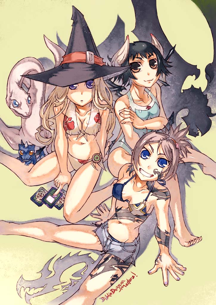 armor, barefoot, bikini, breasts, card, cards, cleavage, dragon