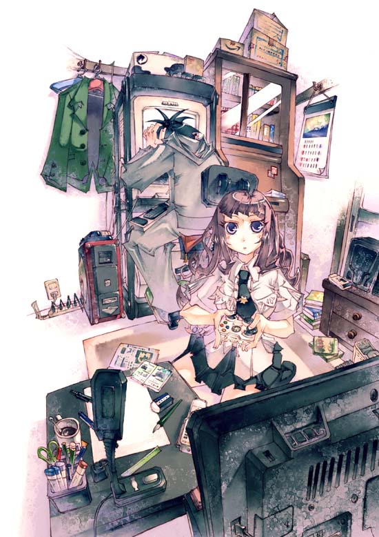blue_eyes, calendar, calendar_(object), computer, controller, desk, desktop, eraser