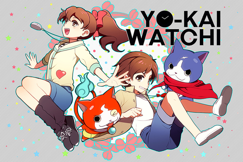 1boy, 1girl, amano_keita, black_eyes, blush, brown_eyes, brown_hair, cat, clenched_teeth, copyright_name, fangs, fuyunyan, heart, jewelry, jibanyan, kodama_fumika, long_hair, nano_(lanthan00), necklace, one_eye_closed, open_mouth, ponytail, short_hair, tongue, tongue_out, youkai_watch