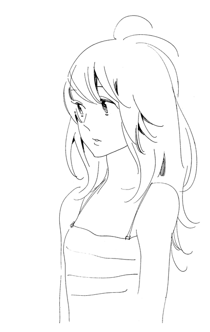 1girl, bare_shoulders, bust, camisole, close-up, long_hair, monochrome, original