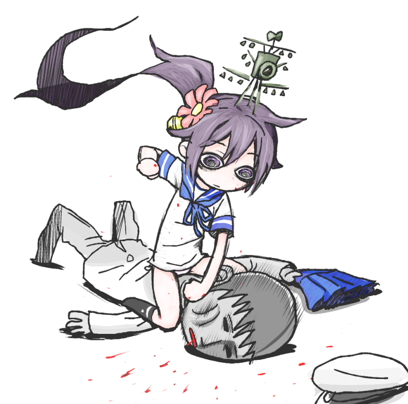 1boy, 1girl, @_@, admiral_(kantai_collection), akebono_(kantai_collection), blood, blood_from_mouth, blood_splatter