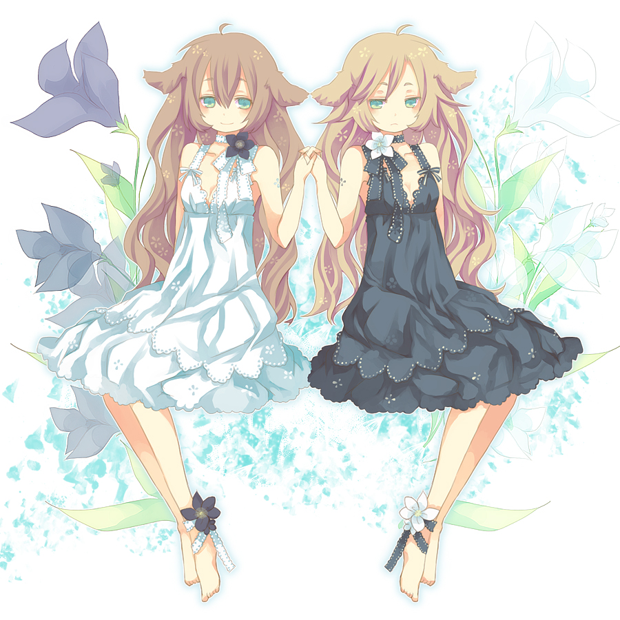 :<, animal_ears, aqua_eyes, aruya_(flosrota), bad_id, barefoot, black_vs_white, blonde_hair