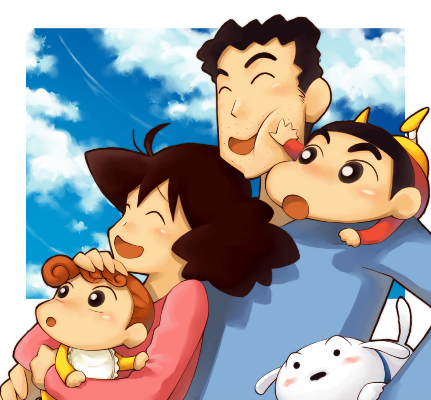 crayon_shin-chan, dog, family, happy, hg777, nohara_himawari, nohara_hiroshi, nohara_misae, nohara_shinnosuke, shiina_yuuto, shiro_(shin-chan), sky, usui_yoshito