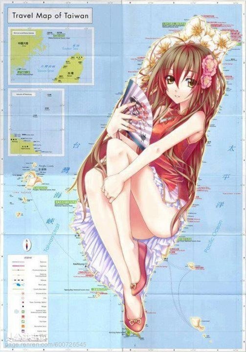 1girl, artist_request, brown_hair, fan, flower, hetalia, map, personified_map, solo, tagme, taiwan, taiwan_(hetalia)