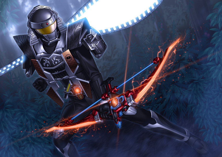 1boy, armor, belt, bow_(weapon), kamen_rider, kamen_rider_gaim_(series), kamen_rider_kurokage, lock_seed, male, solo, sonic_arrow, suzume_inui, weapon, zipper