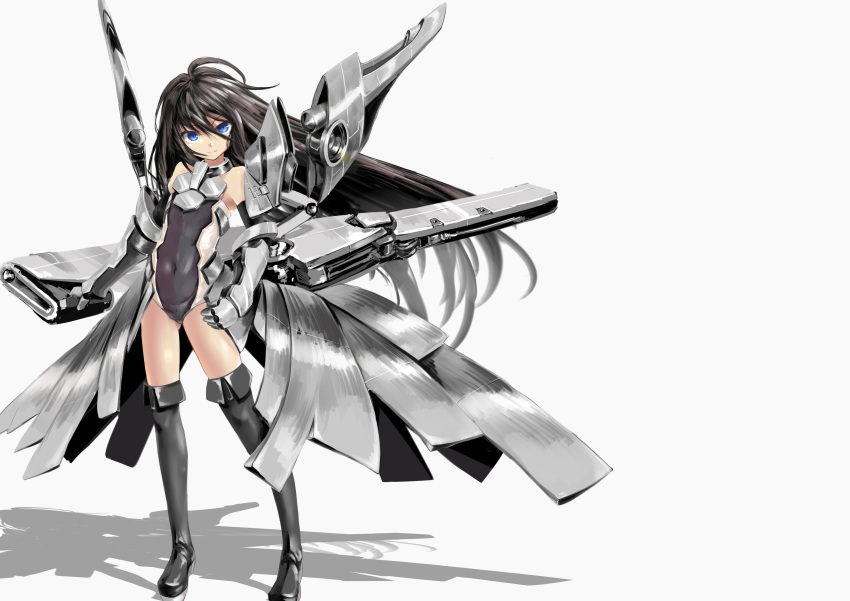 1girl, absurdres, bare_shoulders, black_hair, black_legwear, blue_eyes, boots, highres