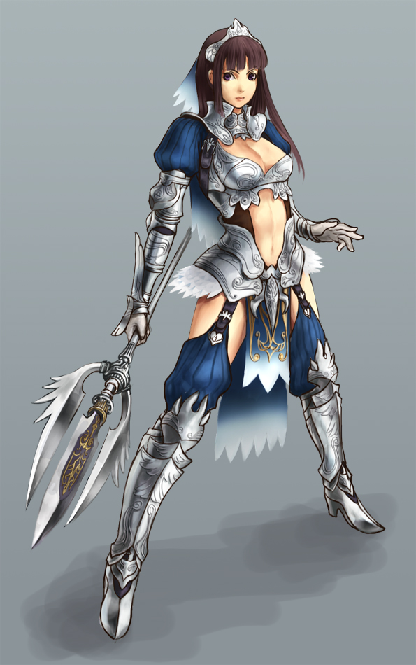 bikini_armor, brown_hair, crown, hair_ornament, long_hair, looking_at_viewer, minoo, navel