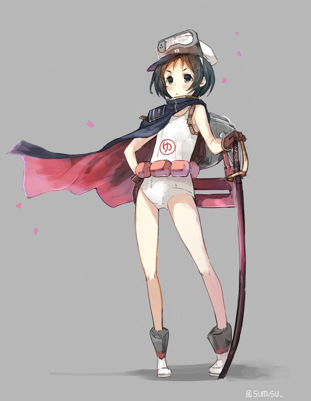 1girl, :<, bare_legs, black_eyes, black_hair, blush, brown_gloves, cape