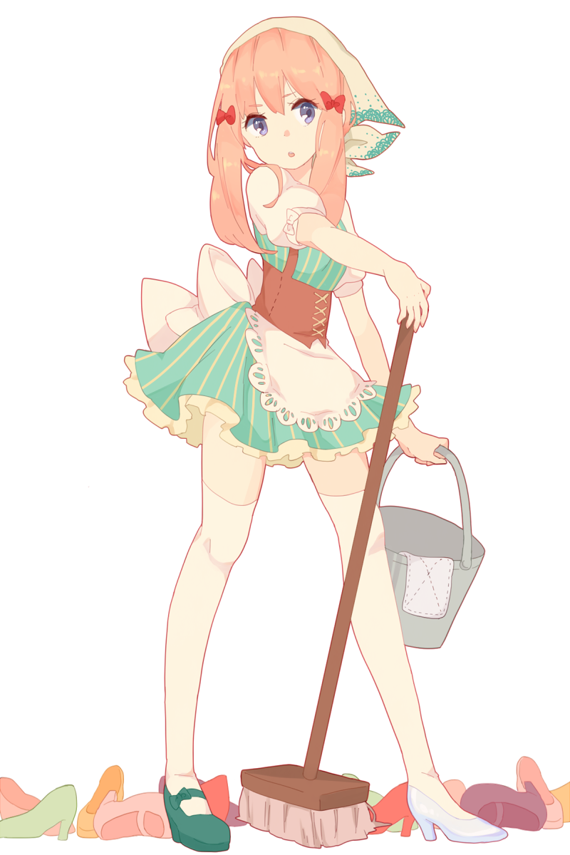 1girl, broom, cinderella, dustcloth, full_body, hair_ornament, headwear, highres, kise_(swimmt), looking_at_viewer, mary_janes, original, princess_royale, shoes, solo, standing, tagme, thigh-highs, white_legwear, zettai_ryouiki