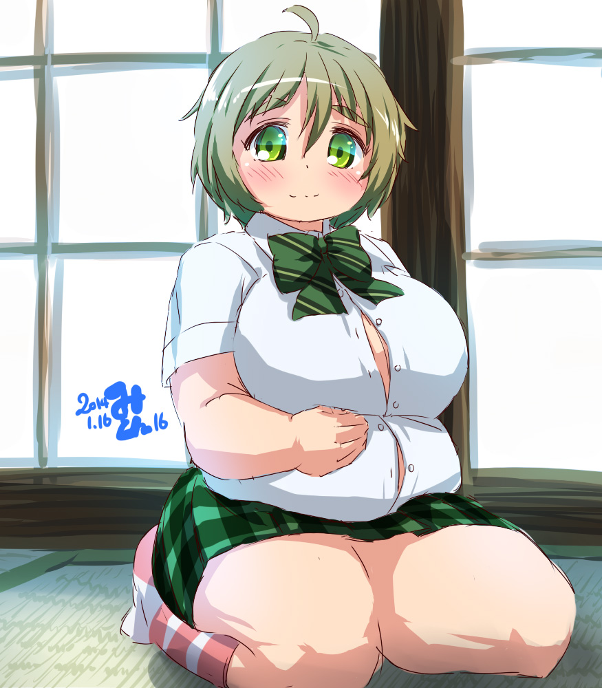 1girl, belly, bowtie, breasts, collared_shirt, eyebrows, fat, green_eyes, green_hair, hand_on_own_stomach, huge_breasts, mikomu, miniskirt, nakazawa_minori, no-rin, seiza, sitting, skirt, smile, solo, thick_eyebrows, thick_thighs, thighs, undersized_clothes