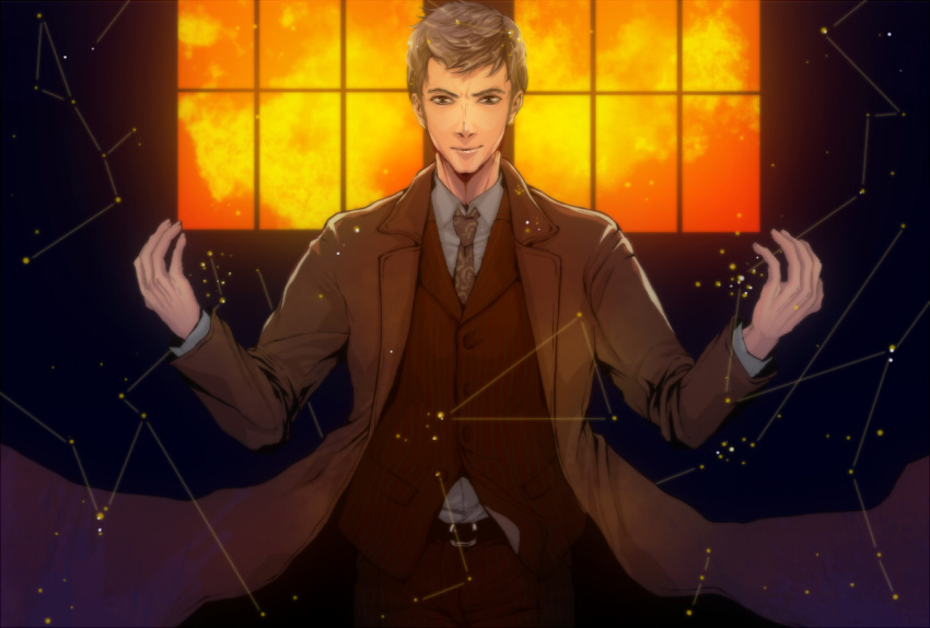 1boy, belt, coat, constellation, doctor_who, formal, necktie, shirt, solo, suit, tardis, tenth_doctor, van_(vanrairy)