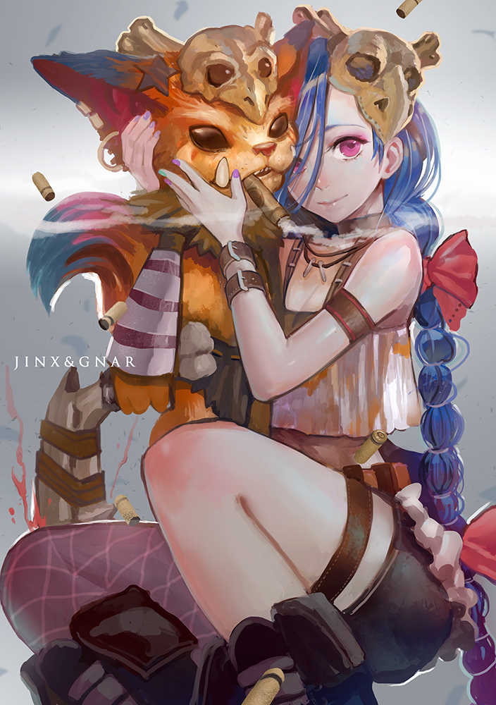 1boy, 1girl, belt, blue_hair, bow, breasts, bullet_casing, character_name
