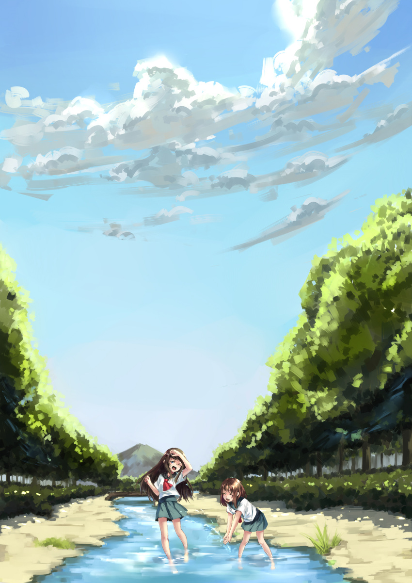 2girls, ;d, brown_eyes, brown_hair, closed_eyes, happy, highres, in_water