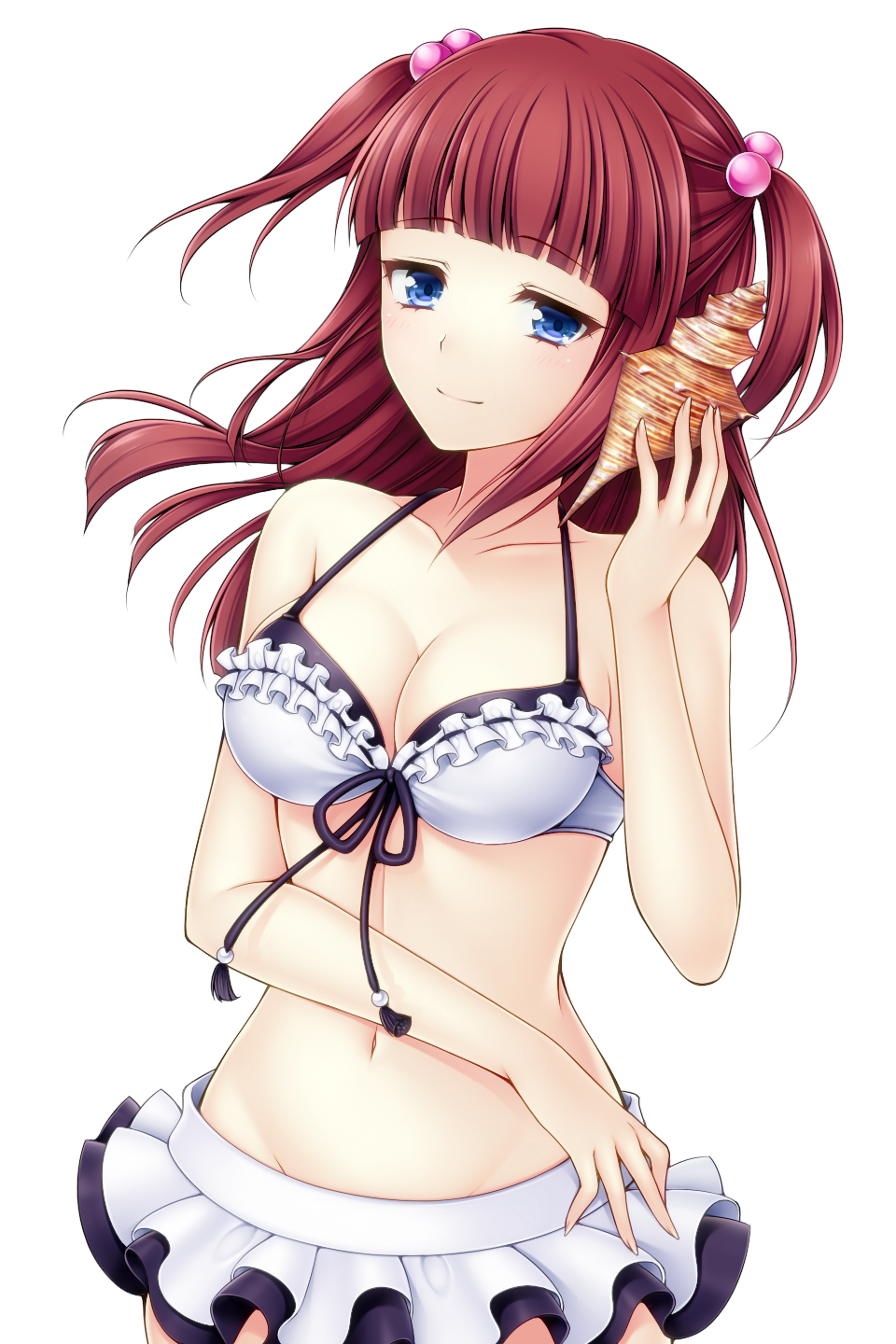 1girl, bikini, bikini_skirt, blue_eyes, breasts, cleavage, conch, frilled_bikini