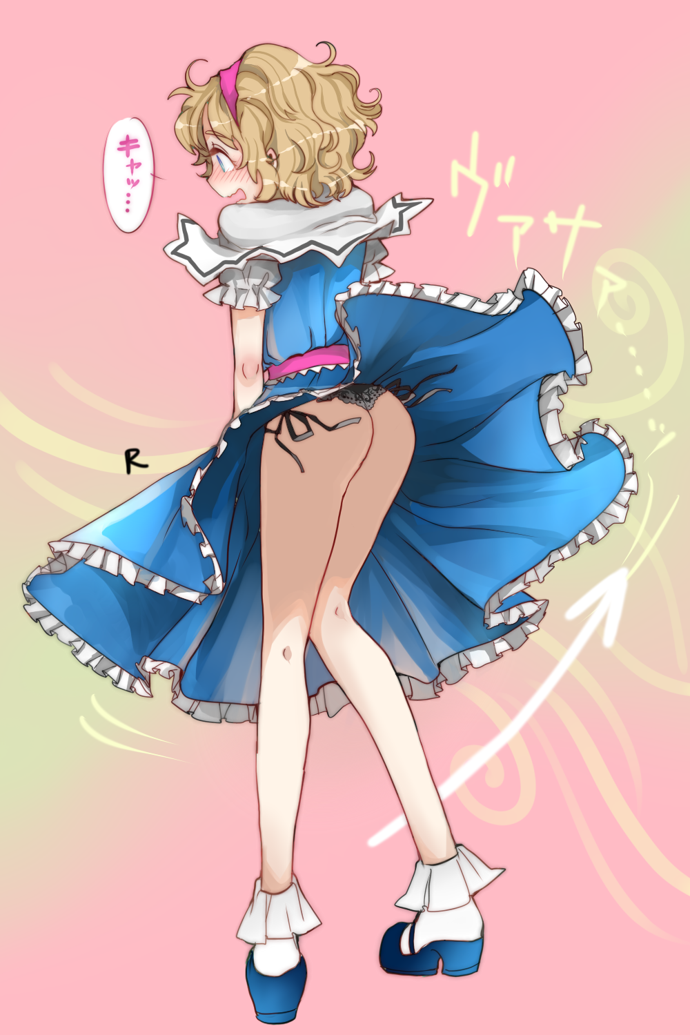 1girl, alice_margatroid, ass, black_panties, blonde_hair, blue_dress, blue_eyes, capelet