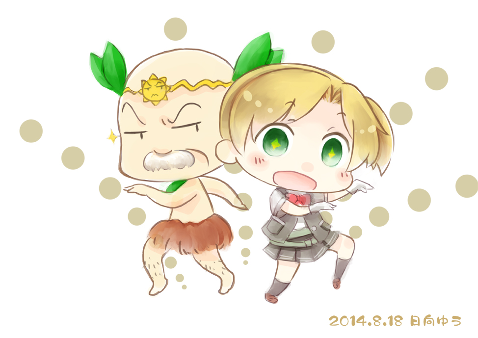 1boy, 1girl, :d, bald, blonde_hair, dancing, green_eyes, hinata_yuu