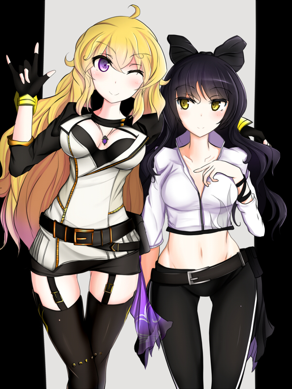 2girls, arm_around_shoulder, belt, black_gloves, black_hair, black_legwear, blake_belladonna, blonde_hair