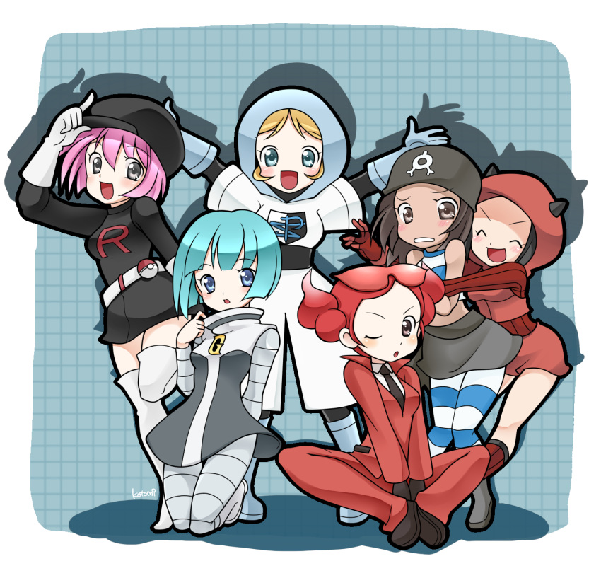 6+girls, bandana, belt, blonde_hair, blue_eyes, blue_hair, boots, brown_eyes