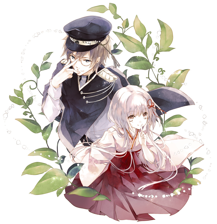 1boy, 1girl, brown_hair, finger_to_mouth, glasses, hanatsumugi_no_hari, hat, highres