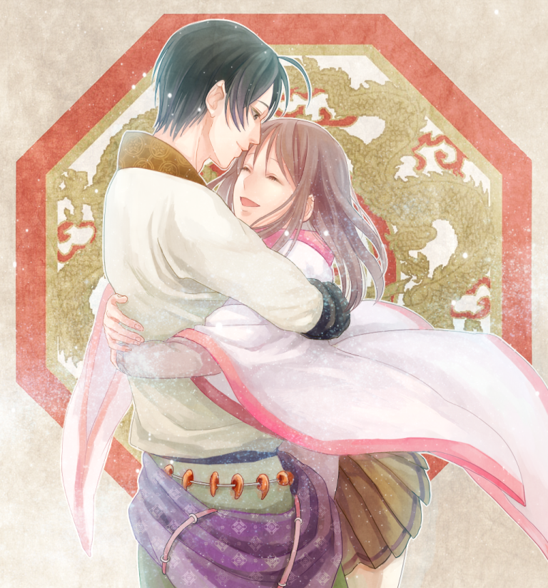 1boy, 1girl, black_hair, brown_hair, closed_eyes, couple, hetero, hug