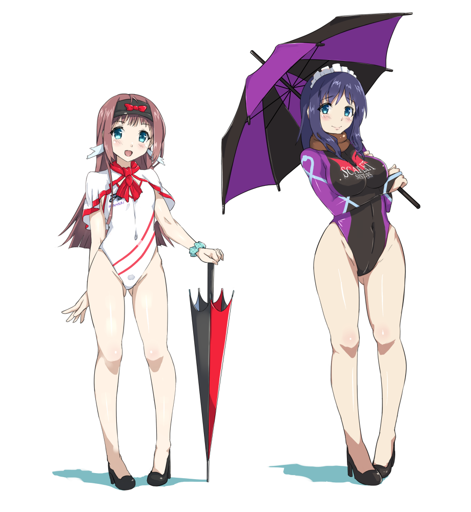 2girls, blue_eyes, blue_hair, brown_hair, capelet, cosplay, high_heels, hiradaira_chisaki