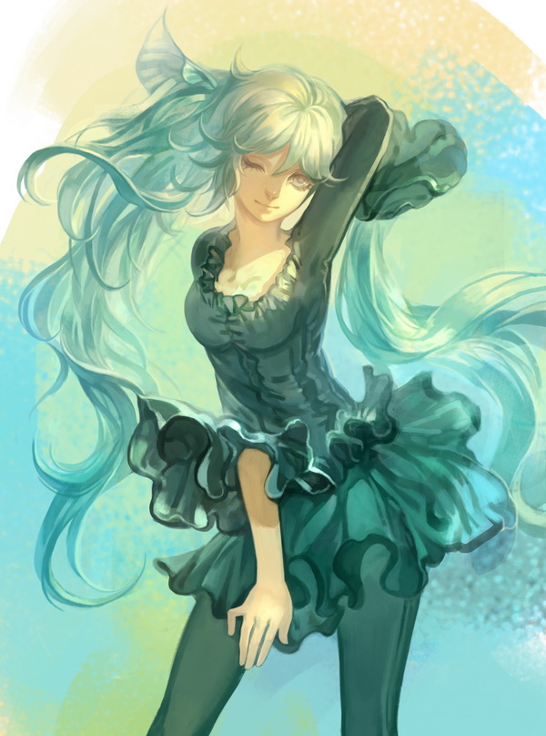 1girl, afra, aqua_hair, arm_up, dress, hatsune_miku, long_hair, one_eye_closed, pantyhose, solo, twintails, very_long_hair, vocaloid