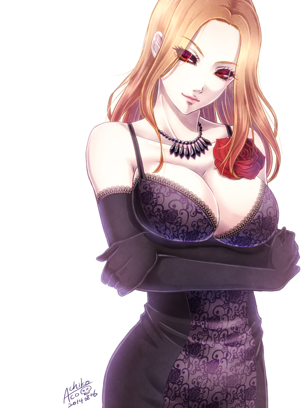 1girl, achikoako, black_sclera, breast_hold, breasts, cleavage, crossed_arms, dress, elbow_gloves, flower, gloves, itori_(tokyo_ghoul), jewelry, lace, large_breasts, looking_at_viewer, necklace, orange_hair, red_eyes, rose, seductive_smile, solo, tokyo_ghoul