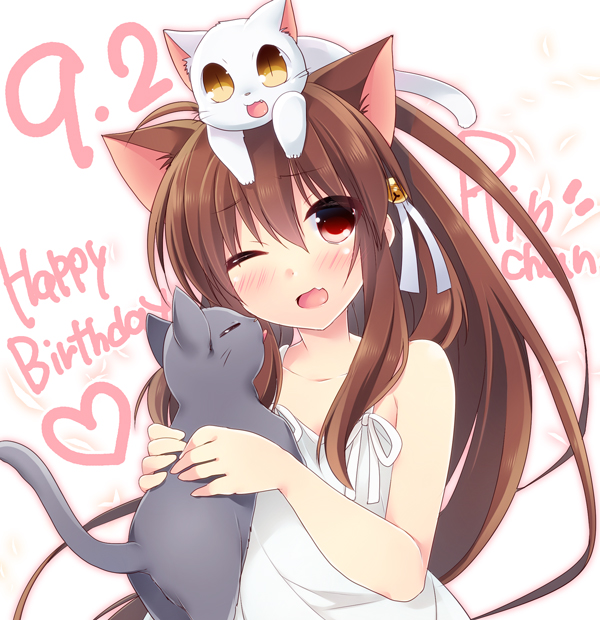 1girl, animal_ears, animal_on_head, brown_hair, cat, cat_ears, cat_on_head, dress