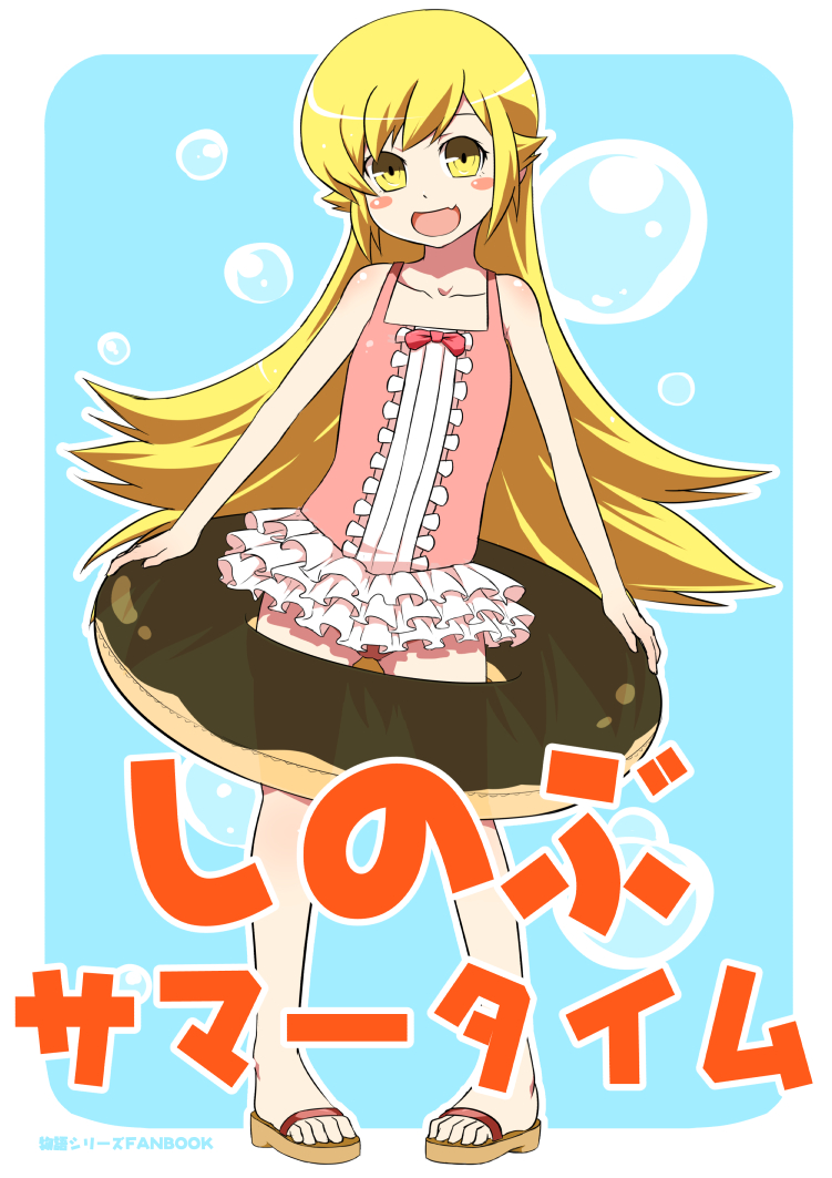 1girl, bakemonogatari, blonde_hair, blush_stickers, casual_one-piece_swimsuit, clogs, doughnut, fang