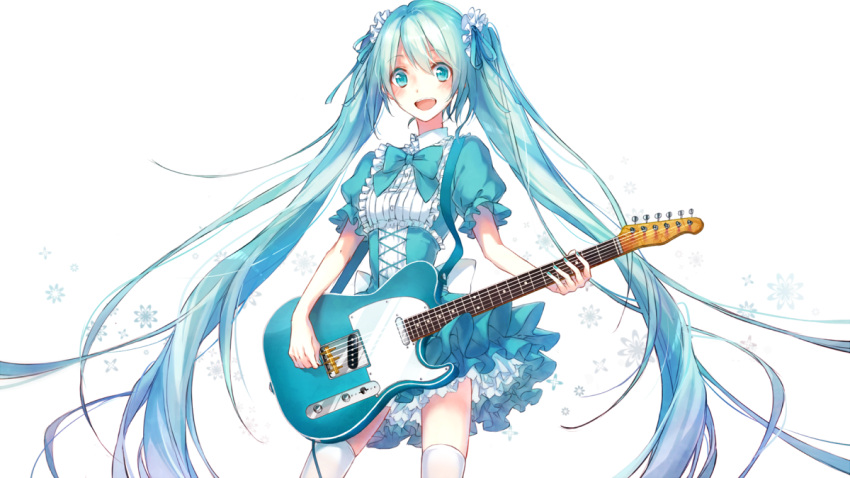 1girl, :d, aqua_eyes, aqua_hair, bow, corset, electric_guitar, guitar
