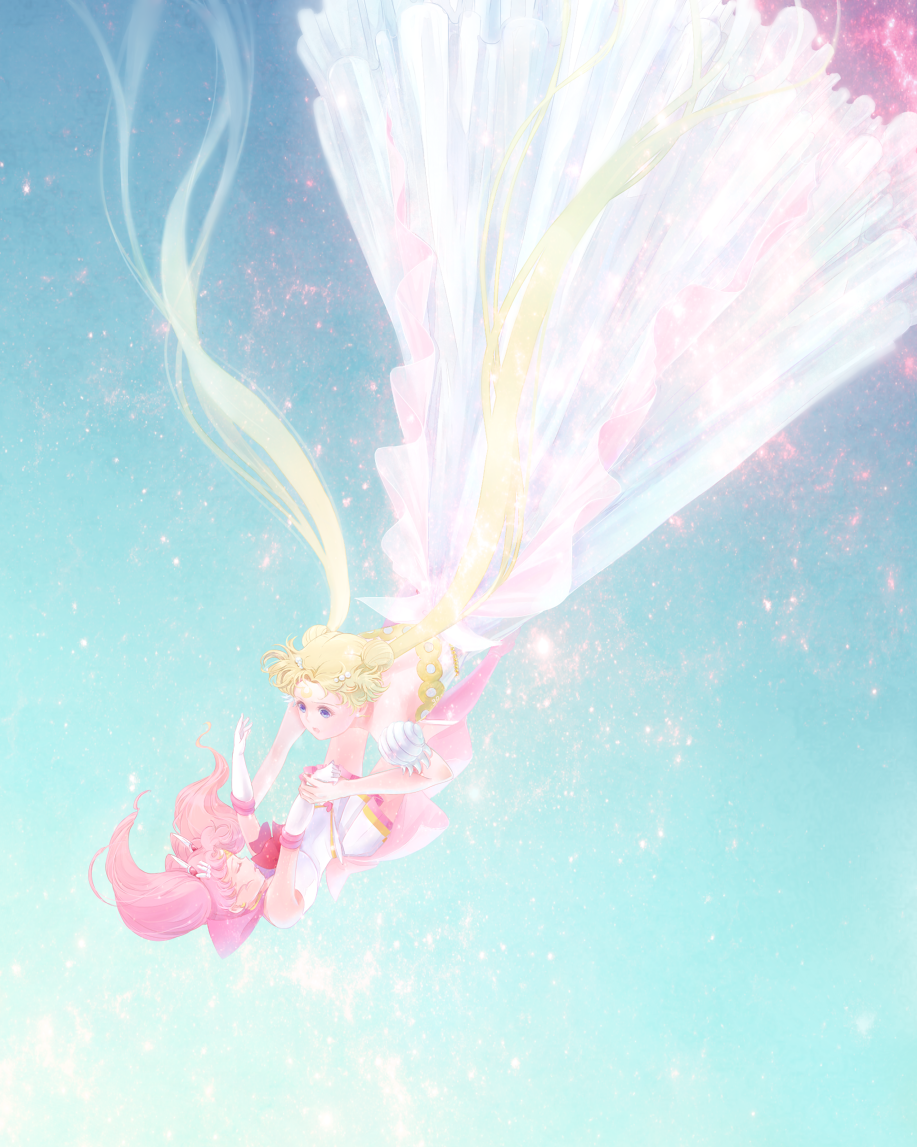 2girls, 30, bishoujo_senshi_sailor_moon, blonde_hair, blue_background, chibi_usa, closed_eyes, double_bun
