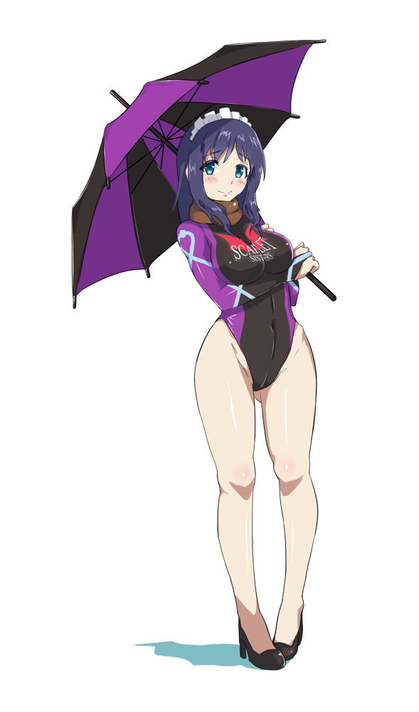 1girl, blue_eyes, blue_hair, clothes_writing, cosplay, high_heels, highleg, highleg_leotard, hiradaira_chisaki, izayoi_sakuya, izayoi_sakuya_(cosplay), kz_(kazuma-rising), leotard, long_hair, nagi_no_asukara, racequeen, scarf, touhou, transparent_background, umbrella