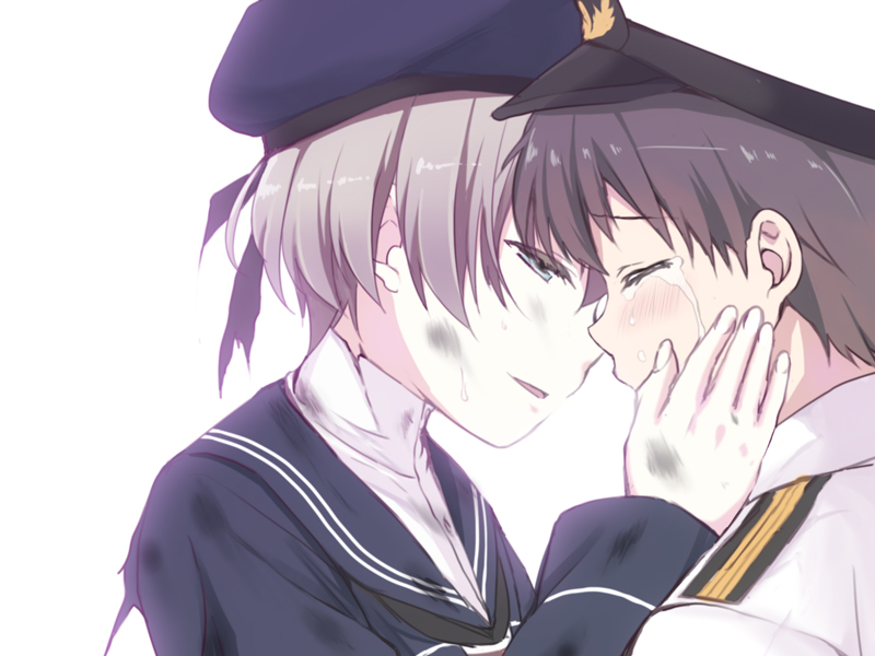 1boy, 1girl, beret, black_hair, blue_eyes, blush, brown_hair, chika_(toumei_kousoku)
