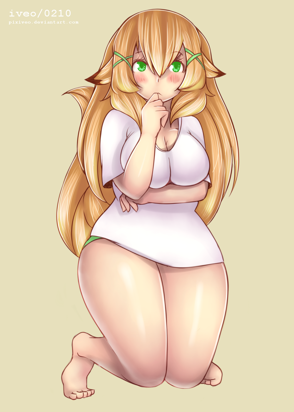 1girl, animal_ears, blonde_hair, breasts, cleavage, cow_ears, curvy, fox_tail